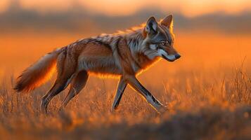 Maned wolf walking gracefully through tall grass the Brazilian savannah its long legs and reddish coat glowing under a vibrant sunset captured with a telephoto lens for elegant composition photo