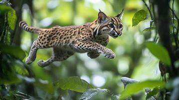Margay leaping between branches high a dense jungle canopy its spotted coat and sleek body framed by vibrant green leaves captured with a telephoto lens for a dynamic action filled composition photo