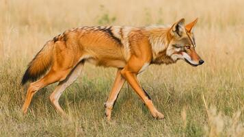 Maned wolf walking gracefully through tall grass South Americas savanna long legs distinctive red coat illuminated by soft morning light captured with a telephoto lens for sharp focus and depth photo