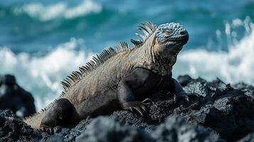 Marine iguana sunbathing jagged black lava rocks by the ocean its textured skin blending with the rugged terrain surrounded by crashing waves captured with a telephoto lens for a dramatic scene photo