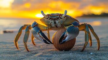 Massive coconut crab crawling over sandy beach its claws gripping a fallen coconut under the warm glow of a tropical sunset captured with a low angle lens for immersive perspective photo