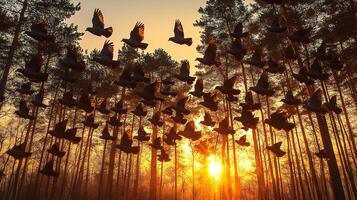 Massive flock of passenger pigeons flying over forest canopy sunset their synchronized movements creating intricate patterns the golden sky captured with a telephoto lens for dynamic group action photo