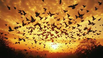 Massive flock of passenger pigeons flying across golden sunset sky their synchronized movements forming intricate patterns captured with a wide angle lens for dynamic group focus photo