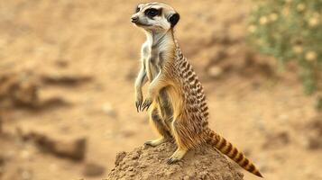 Meerkat standing upright a small mound scanning the horizon for danger in a dry and dusty desert landscape captured with a telephoto lens to emphasize its watchful expression photo