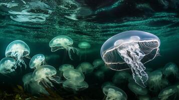 Mesmerizing bloom of jellyfish drifting gracefully through deep ocean their translucent bodies glowing softly the bioluminescent light captured with an underwater macro lens for intricate detail photo