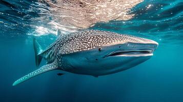 Massive whale shark gliding just beneath surface of crystal clear waters sunlight casting dramatic patterns across its spotted body captured with a wide angle underwater lens for majestic scale photo