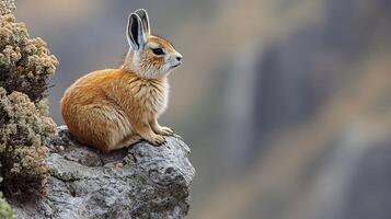 Mountain viscacha sitting a rocky cliff edge its thick fur blending with the rugged terrain as it basks in soft morning light captured with a telephoto lens for serene composition photo