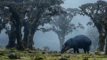 Mountain tapir grazing a misty Andean forest its dark coat shimmering under diffused morning light surrounded by moss covered trees captured with a telephoto lens for serene focus photo