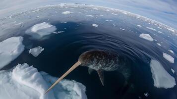 Narwhal swimming through icy Arctic waters long tusk breaking the surface surrounded by floating ice captured with a wide angle lens for an expansive view photo