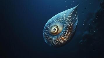 Nautilus drifting gracefully through deep ocean its spiral shell illuminated by faint bioluminescent light captured with an underwater macro lens for intricate detail photo