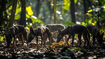 Pack of bush dogs foraging a shaded jungle clearing their dark coats and small frames vividly illuminated by scattered sunlight captured with a telephoto lens for dynamic focus photo