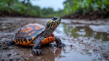 Painted terrapin basking a muddy riverbank under a soft overcast sky its colorful shell and patterned skin highlighted by diffused natural light captured with a macro lens for intricate detail photo