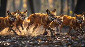 Pack of dholes Indian wild dogs chasing prey through open forest clearing their russet fur glowing under golden light captured with a high speed telephoto lens for dynamic motion photo