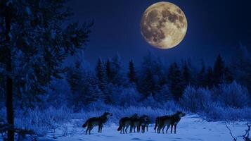 Pack of wolves silhouetted against full moon in a snowy forest their howls piercing through the serene night captured with a long lens to add drama to the wilderness scene photo
