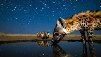 Pair of spotted hyenas drinking a waterhole under a starry African sky their reflections shimmering faintly in the still water captured with a low light telephoto lens for atmospheric realism photo