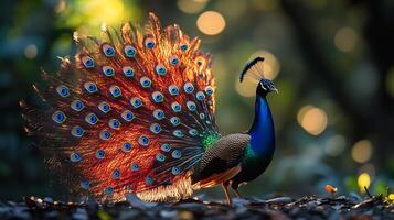 Palawan peacock pheasant displaying iridescent feathers dimly lit forest clearing its vivid colors glowing against the dark surroundings captured with a telephoto lens for dramatic wildlife artistry photo