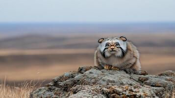 Pallass cat crouching a rocky outcrop in a vast steppe its fluffy coat blending into the muted landscape captured with a telephoto lens to highlight its elusive nature photo