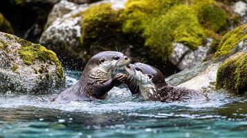 Pair of river otters playfully wrestling a crystal clear river surrounded by moss covered rocks captured with a telephoto lens to highlight their lively behavior photo