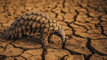 Pangolin walking cautiously through dry cracked soil an African savanna its unique armored scales catching the sunlight captured with a telephoto lens for sharp detail and a dramatic feel photo