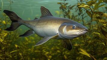Pangasius catfish swimming gracefully the murky waters of a Southeast Asian river surrounded by aquatic vegetation captured with an underwater macro lens to highlight its smooth reflective skin photo