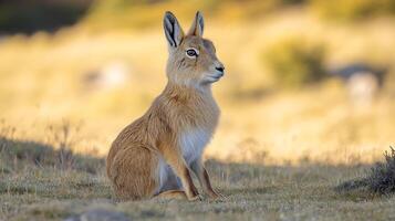 Patagonian mara sitting alert an open grassland its long legs and soft fur glowing under the warm afternoon light captured with a low angle lens for an immersive perspective photo