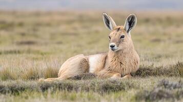 Patagonian mara resting the grasslands of Argentina its large ears and compact body framed against a vast open plain captured with a telephoto lens for serene wildlife composition photo