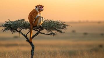 Patas monkey sitting lone acacia tree savannah reddish fur glowing under soft light of sunset with endless grasslands stretching into the horizon captured with a telephoto lens for serene focus photo