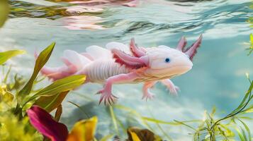 Pink axolotl floating gracefully crystal clear water surrounded by vibrant aquatic plants its delicate gills and unique features highlighted captured with a macro lens for extreme close up clarity photo