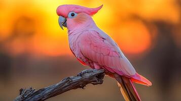 Pink cockatoo perched a dead tree branch in the Australian outback its feathers glowing under the vibrant colors of a desert sunset captured with a telephoto lens for striking contrast photo