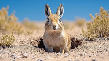 Plains viscacha peeking out its burrow entrance in a dry Argentinian plain surrounded by sparse vegetation under a clear blue sky captured with a telephoto lens for isolated focus photo