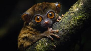 Philippine tarsier clinging a moss covered branch its enormous eyes reflecting the moonlight captured with a low light macro lens for dramatic nocturnal focus photo