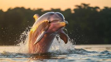 Pink river dolphin breaching surface of calm Amazonian river unique pink coloration glowing golden hour light with water droplets frozen mid air captured with a telephoto lens for dynamic action photo