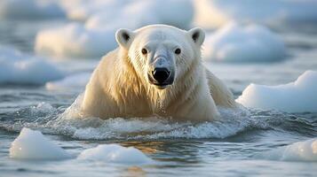 Polar bear paddling through icy Arctic waters wet fur glistening under soft polar sunlight surrounded by chunks of floating ice captured with a telephoto lens for majestic composition photo