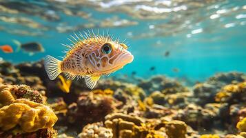 Porcupinefish swimming cautiously near coral reef spiny body inflated as a defense mechanism illuminated by sunlight filtering through the water captured with a telephoto lens for a striking scene photo