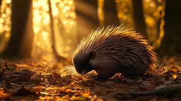 Porcupine foraging a forest floor its quills backlit by golden hour light to create a glowing effect captured with a low angle perspective for dramatic depth photo