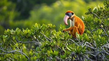 Proboscis monkey sitting calmly a mangrove tree its long nose and orange coat vividly detailed against the vibrant green backdrop captured with a telephoto lens to highlight its unique appearance photo