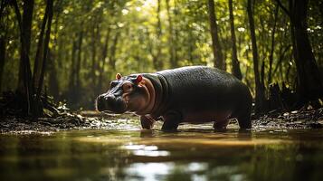 Pygmy hippopotamus wading through shallow forest river its wet skin reflecting soft dappled sunlight filtering through the trees captured with a low angle telephoto lens for intimate detail photo