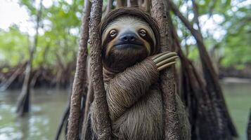 Pygmy three toed sloth clinging a mangrove tree in a tidal forest its slow movements and gentle expression perfectly framed by the surrounding roots captured with a telephoto lens for serene detail photo