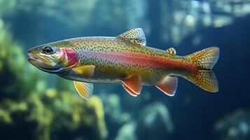 Rainbow trout swimming against current in a crystal clear mountain stream its vibrant scales glowing under soft sunlight filtering through the water captured with a telephoto lens for sharp detail photo