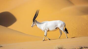 Rare addax antelope navigating golden desert dunes under harsh midday sun spiraled horns white coat contrasting with the arid landscape captured with a telephoto lens for sharp wildlife isolation photo