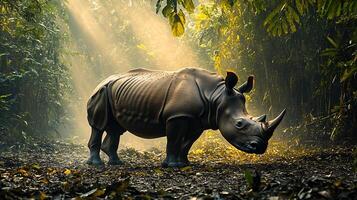 Rare Javan rhino grazing a dense jungle clearing its textured skin highlighted by soft diffused light filtering through the canopy captured with a telephoto lens for rare wildlife detail photo