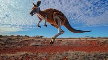 Red kangaroo bounding across Australian outback strong muscles movement frozen mid jump set against backdrop of red earth and blue sky captured with a high speed telephoto lens for action precision photo