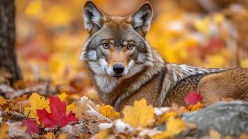 Red wolf prowling through colorful autumn forest its sleek coat blending with the vibrant orange and yellow leaves captured with a telephoto lens for sharp detail photo