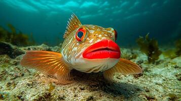 Red lipped batfish resting the sandy ocean floor its vibrant red lips contrasting with its muted body captured with an underwater macro lens for vivid detail photo