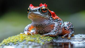 Red crowned toadlet perched a wet mossy rock its vivid red markings glowing under soft ambient light captured with a macro lens for intense close up focus photo