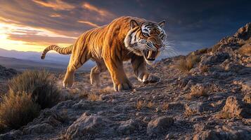 Saber toothed tiger stalking prey a rugged rocky terrain under a twilight sky its long fangs gleaming in the fading light captured with a telephoto lens for intense action photo