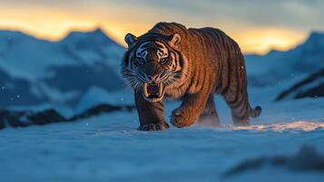 Saber toothed tiger stalking prey across snow covered tundra sharp fangs illuminated soft glow of twilight distant glaciers framing the scene captured with a telephoto lens for dramatic tension photo