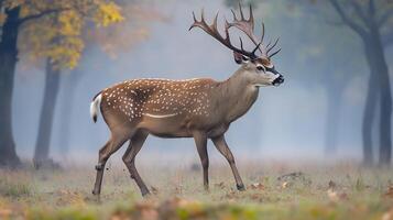 Sambar deer walking gracefully through misty forest its large antlers framed by soft morning light filtering through the trees captured with a telephoto lens for ethereal atmosphere photo