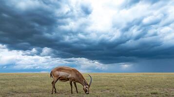 Saiga antelope grazing vast windswept steppe under dramatic stormy sky distinct curved nose highlighted the soft light breaking through the clouds captured with a telephoto lens for isolated focus photo