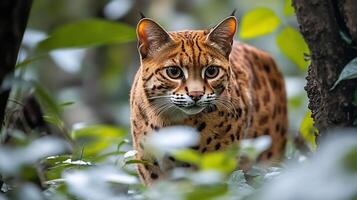 Rusty spotted cat stalking through dense jungle underbrush sleek spotted coat blending into the filtered light captured with a telephoto lens for intimate focus photo
